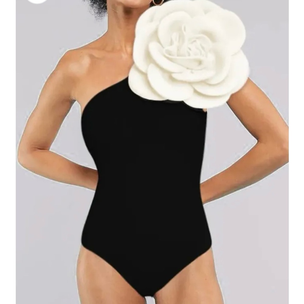 Black One-Shoulder Swimsuit with White Floral Accent